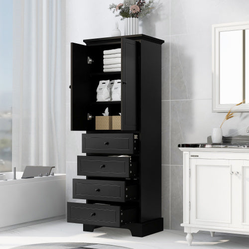 Shopi Vella black bathroom storage cabinet with open doors and drawers showing organized towels and toiletries