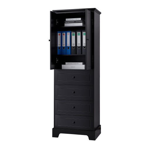Shopi Vella black bathroom storage cabinet with upper door and four drawers for organized bathroom storage