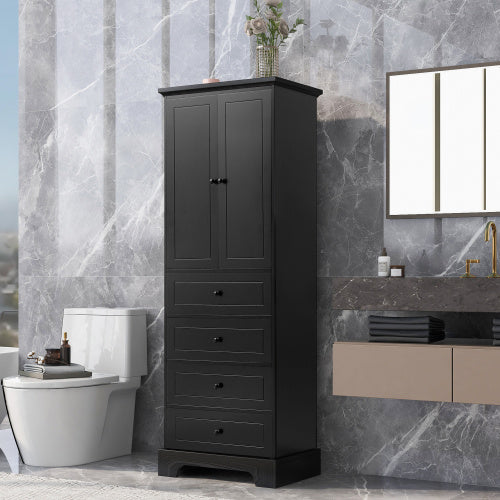 Shopi Vella black bathroom storage cabinet with multiple drawers and doors in modern gray marble bathroom