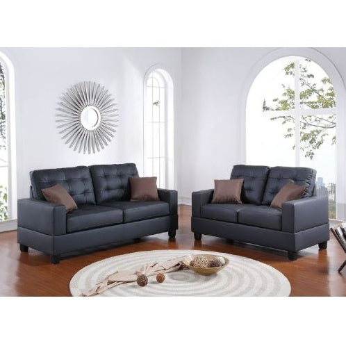 Shopi Vella black faux leather sofa set with tufted cushions and brown throw pillows in modern living room