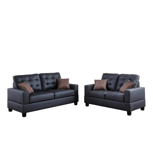 Shopi Vella black faux leather sofa set with tufted cushions and brown throw pillows
