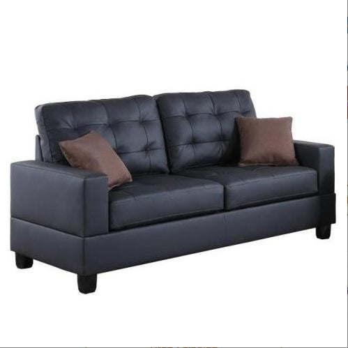 Shopi Vella black faux leather sofa set with tufted back cushions and two brown accent pillows