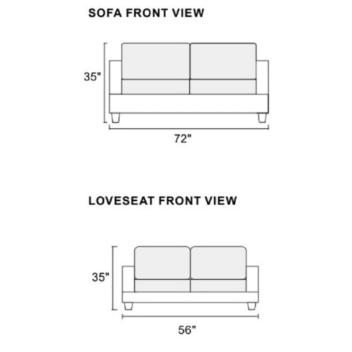 Dimensions schematic of black faux leather sofa set showing front views of sofa and loveseat with measurements
