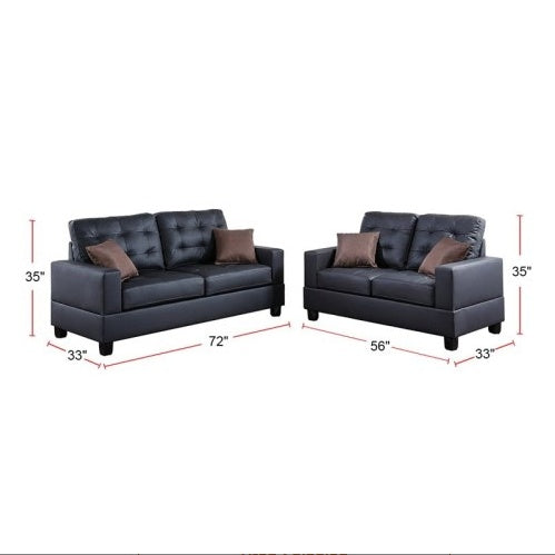 Shopi Vella black faux leather sofa set with tufted cushions and brown accent pillows