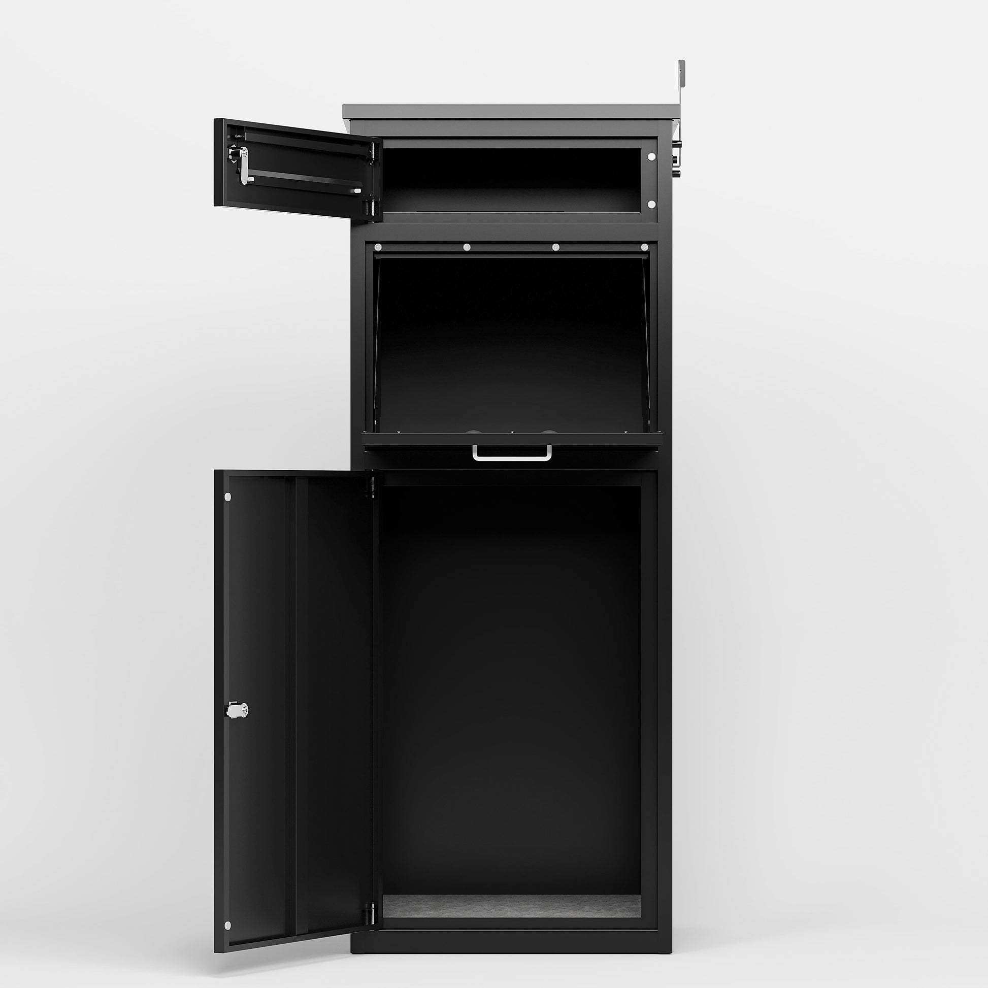 Shopi Vella heavy duty package delivery box in black with multiple compartments and open doors