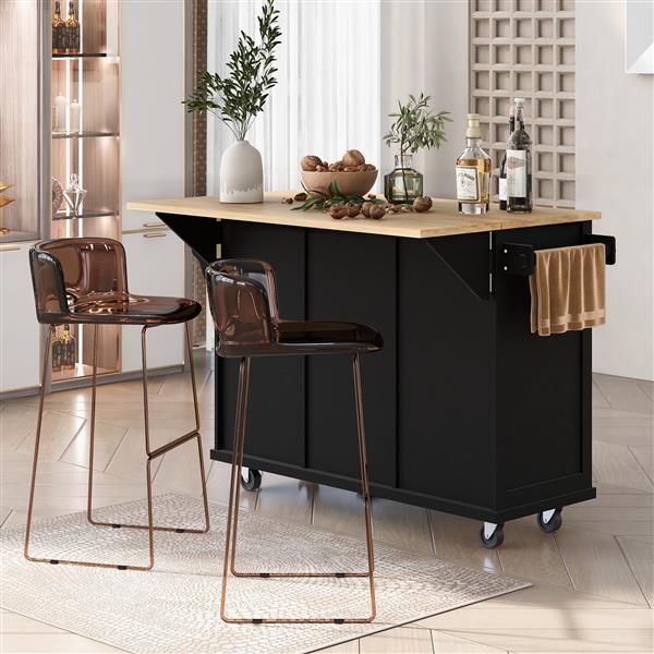 Shopi Vella kitchen cart with flip top in black with wooden surface, storage, and two high chairs