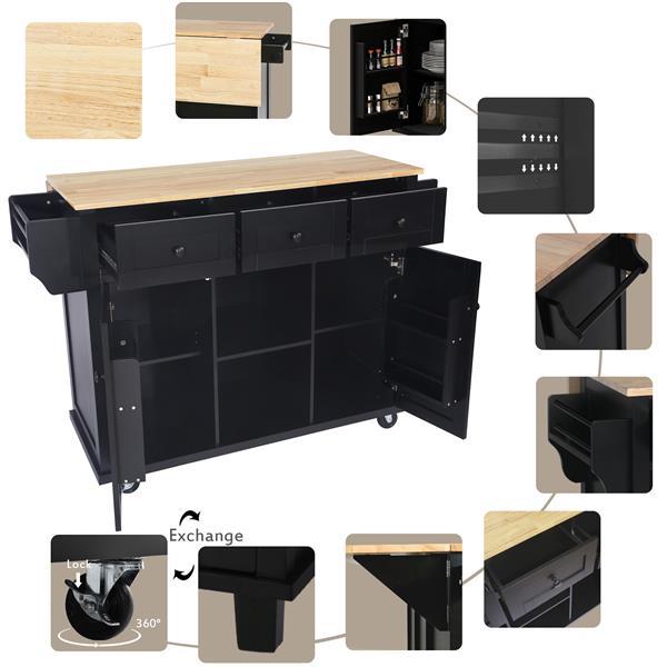 Shopi Vella kitchen cart with flip top in black with wooden countertop, drawers, shelves, and wheels