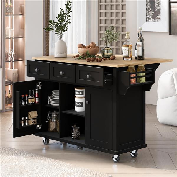 Shopi Vella black kitchen cart with flip top wooden surface and storage drawers on wheels