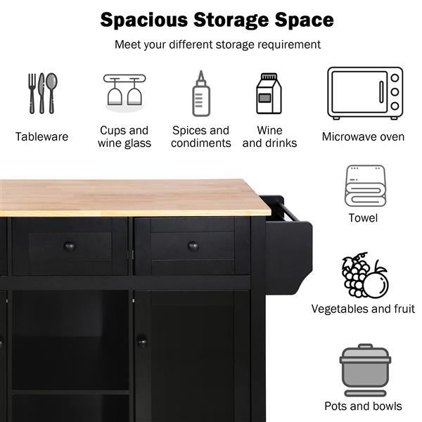 Shopi Vella kitchen cart with flip top featuring spacious storage for tableware, cups, spices, wine, microwave, towels, vegetables, and pots