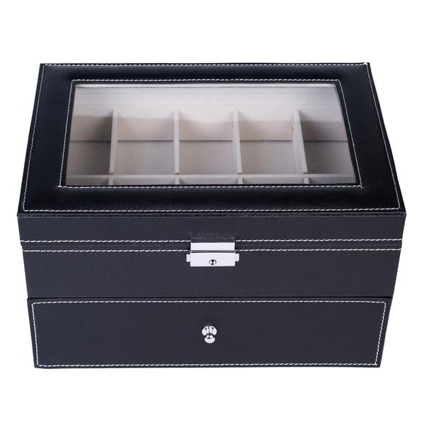 Shopi Vella 20 watch storage box in black leather with white stitching and glass display lid