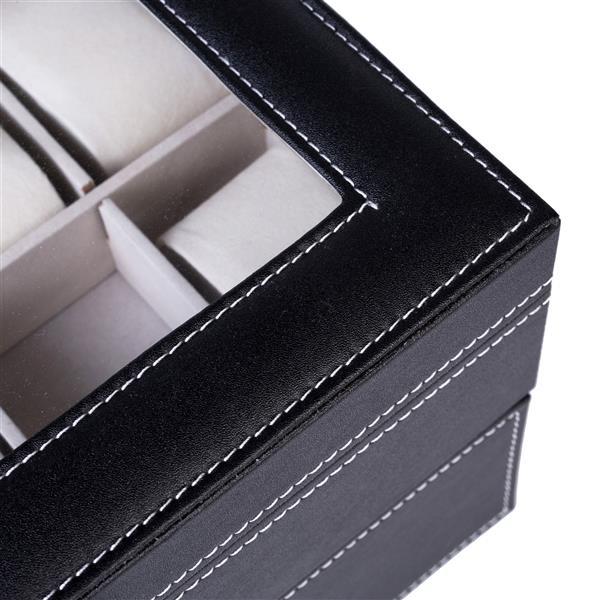 Shopi Vella black leather 20 watch storage box with clear glass top and white stitching