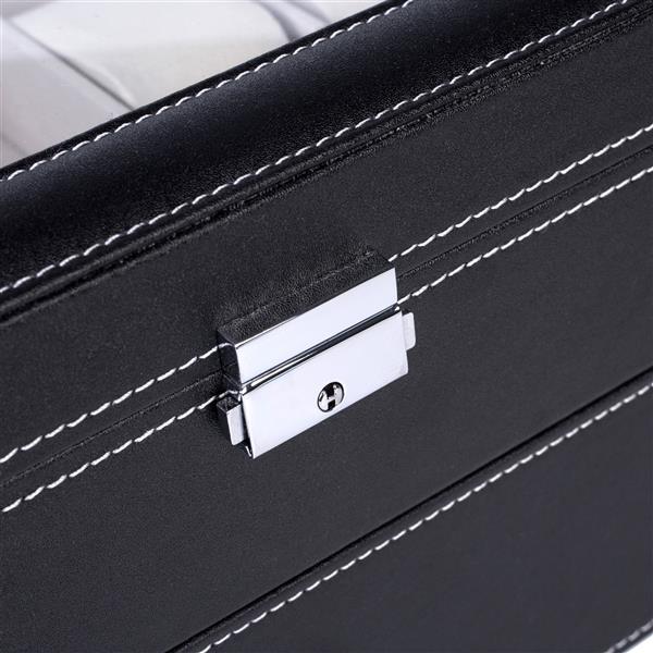 Black leather 20 watch storage box with white stitching and silver metal clasp by Shopi Vella
