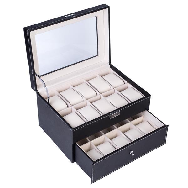 Shopi Vella 20 watch storage box black leather with glass top and beige cushioned compartments