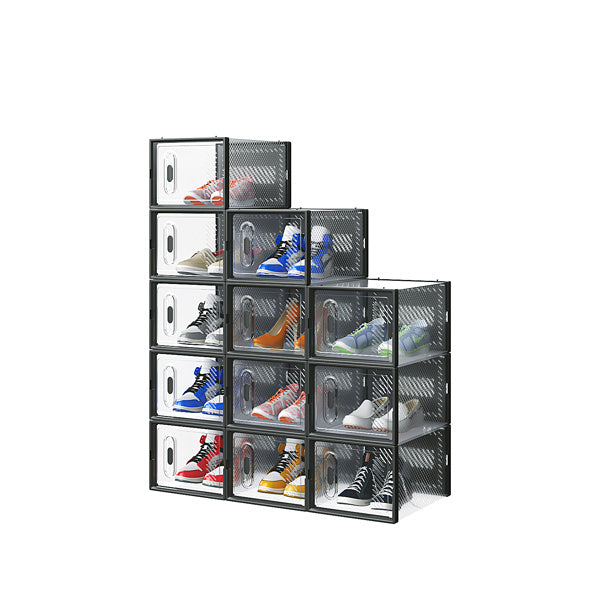 Shopi Vella black plastic shoe box set with twelve transparent storage boxes holding various sneakers