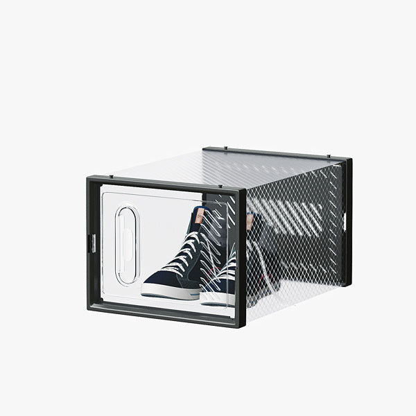 Shopi Vella black plastic shoe box set with transparent door storing a pair of sneakers