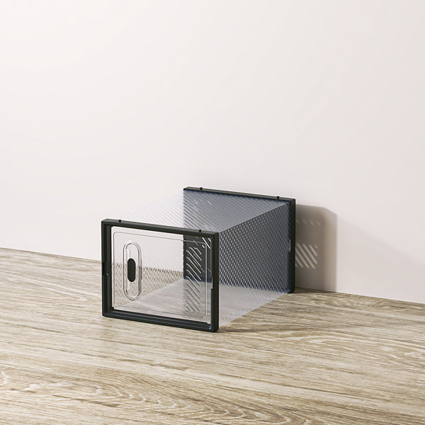 Shopi Vella black plastic shoe box set with clear body and black frame for organized shoe storage