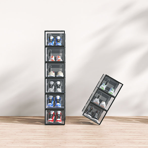 Shopi Vella black plastic shoe box set stacked neatly to store multiple pairs of sneakers
