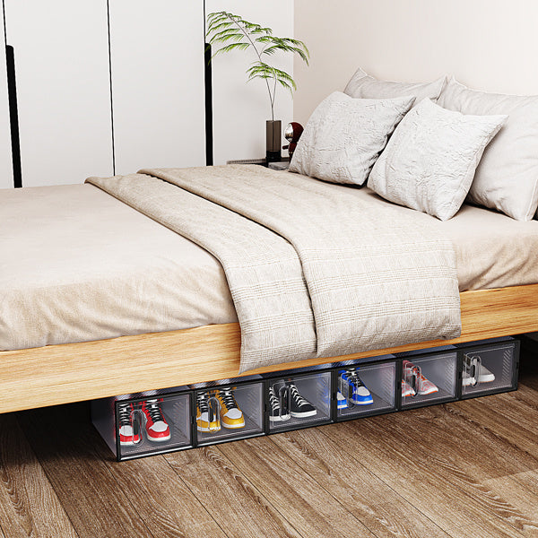 Shopi Vella black plastic shoe box set organizing colorful sneakers under a wooden bed frame