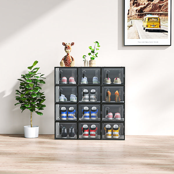 Shopi Vella black plastic shoe box set neatly organizing various shoes in a modern living space