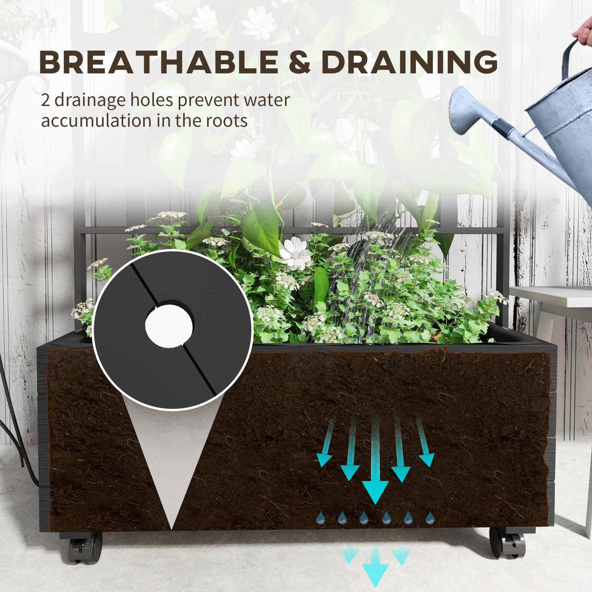 Shopi Vella breathable raised garden bed with trellis featuring two drainage holes and wheels