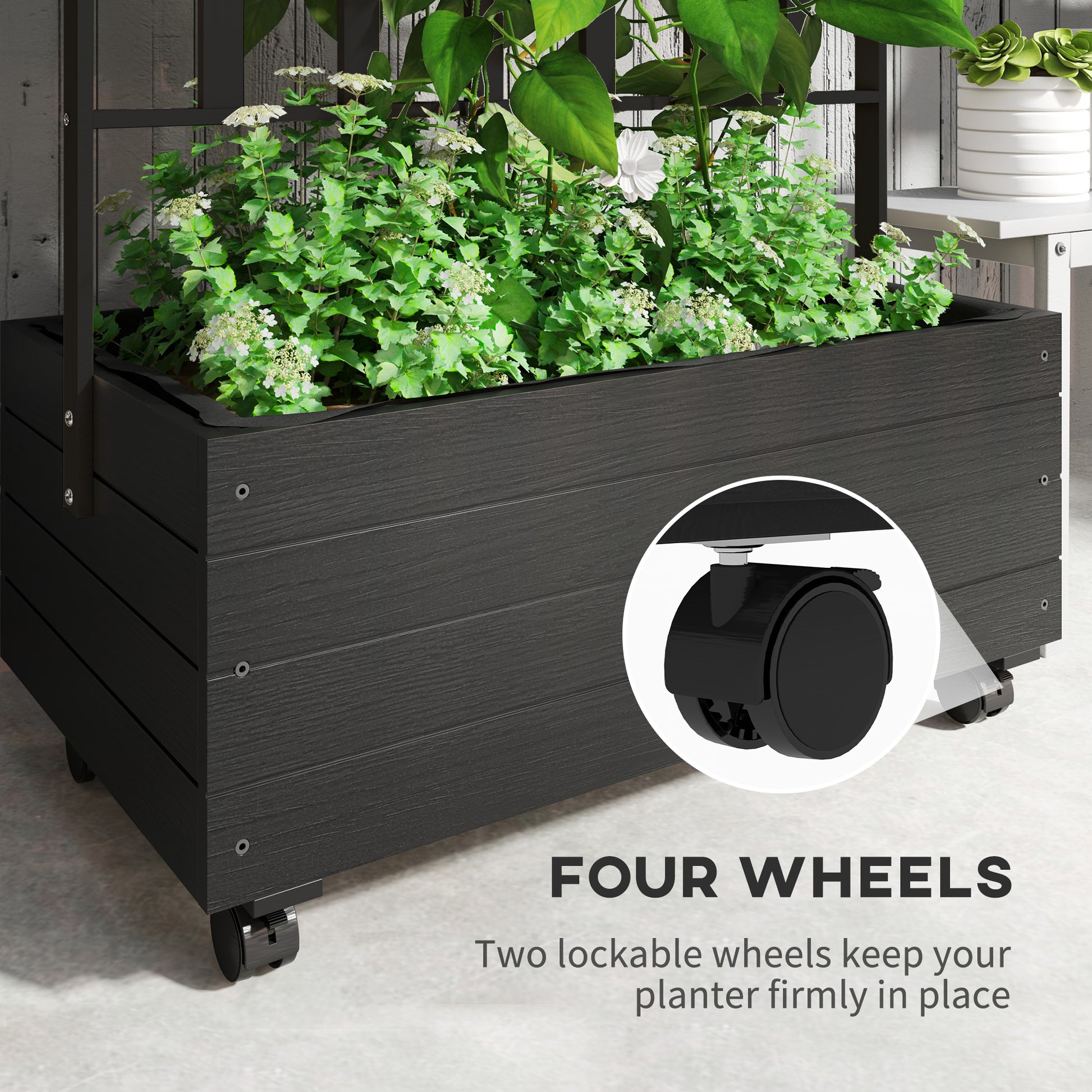 Shopi Vella raised garden bed with trellis in black featuring four lockable wheels for easy mobility and stability