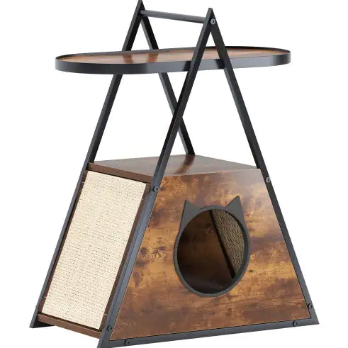 Black vintage pet furniture with wooden cat house and scratcher in triangle metal frame