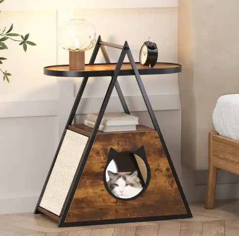 Black vintage pet furniture with integrated cat house and side scratching panel in wood and metal