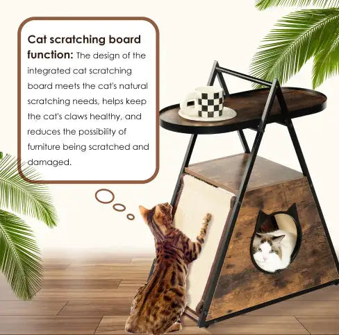 Black vintage pet furniture with integrated cat scratching board and cozy cat hideout