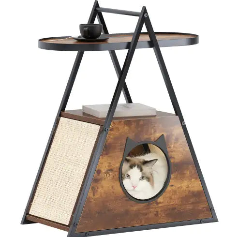 Black vintage pet furniture with cat house, scratching panel, and upper tray for pets
