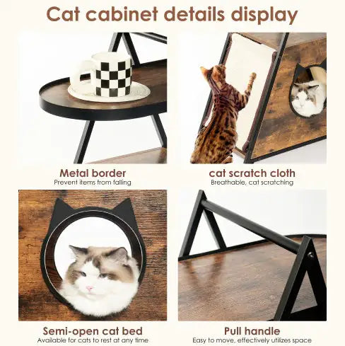 Black vintage pet furniture cat cabinet with metal border, cat scratch cloth, semi-open cat bed, and pull handle