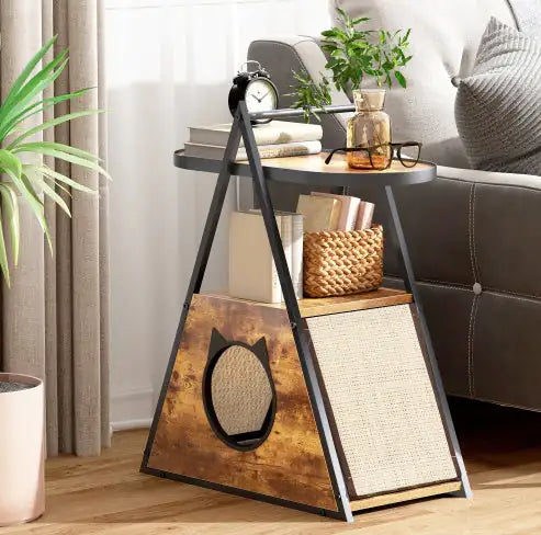 Black vintage pet furniture with tabletop shelf and cozy cat hideout in living room