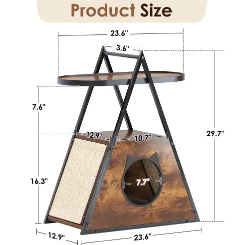 Black vintage pet furniture with triangular frame, scratching post, and cat-shaped entrance dimensions