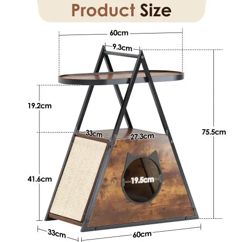 Black vintage pet furniture with wooden finish and scratching post dimensions labeled