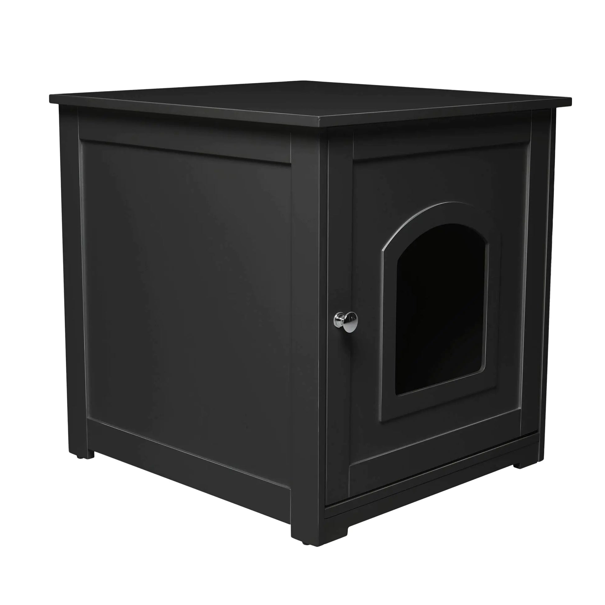 Black wooden hidden litter box furniture with front door and small entry for cats