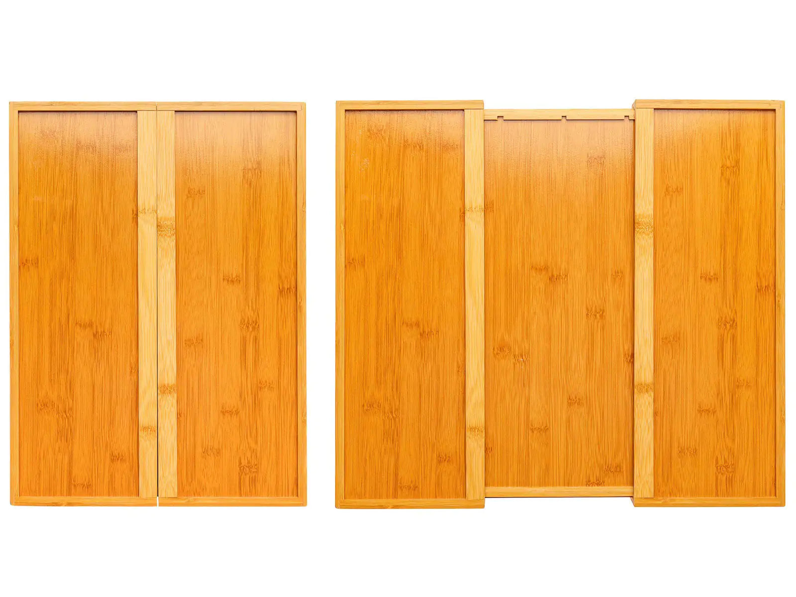 Expandable bamboo drawer organizer shown closed and fully extended with natural wood finish