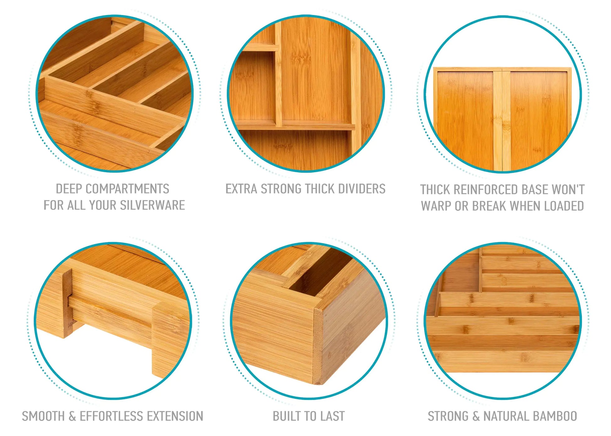 Expandable bamboo drawer organizer with deep compartments strong dividers reinforced base and smooth extension