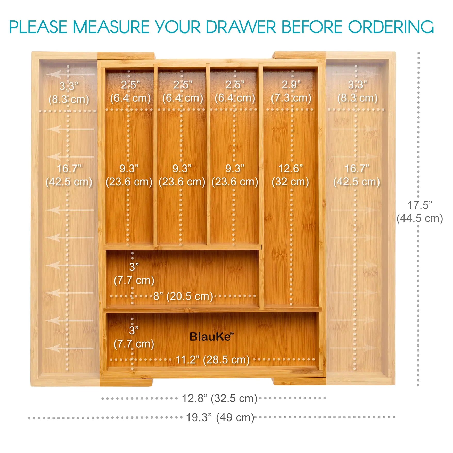 Expandable bamboo drawer organizer with multiple compartments and detailed measurements displayed