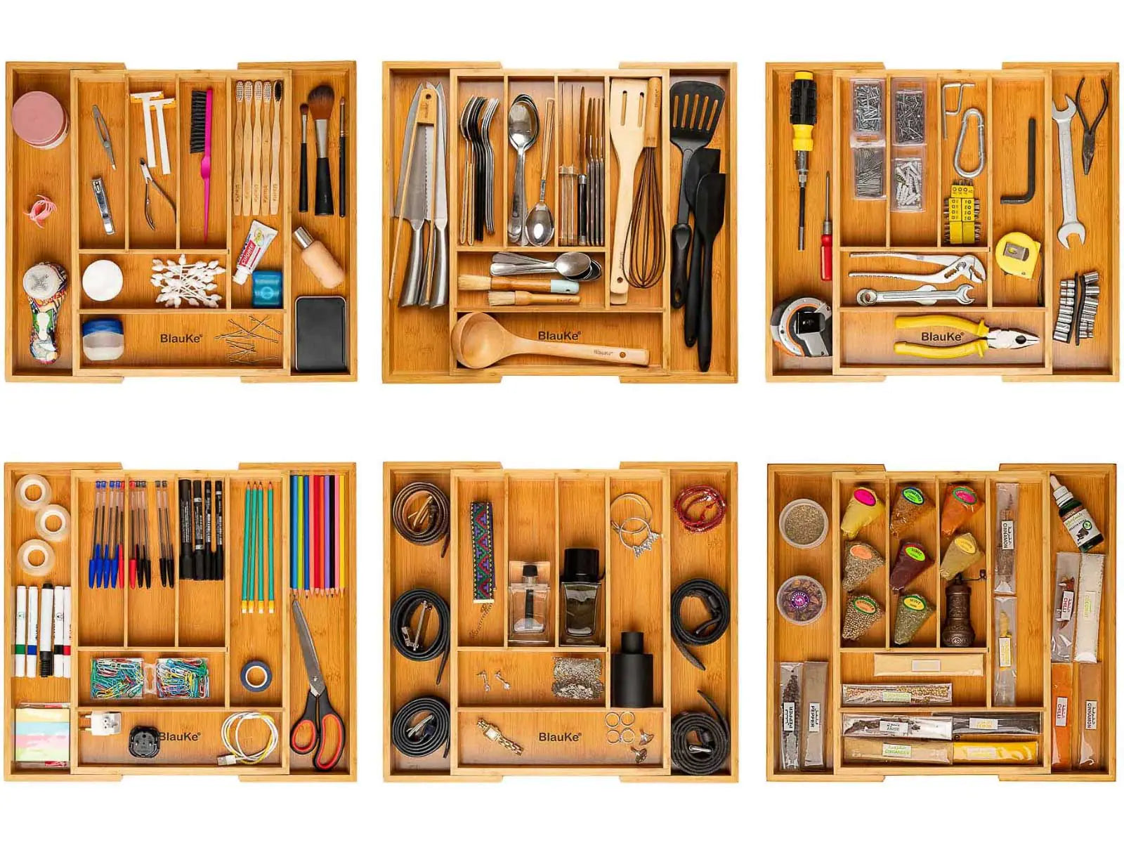 Expandable bamboo drawer organizer with compartments holding kitchen utensils, tools, office supplies, and accessories