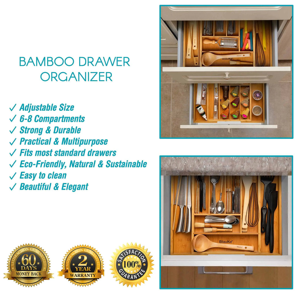 Expandable bamboo drawer organizer with adjustable size and multiple compartments for kitchen utensils