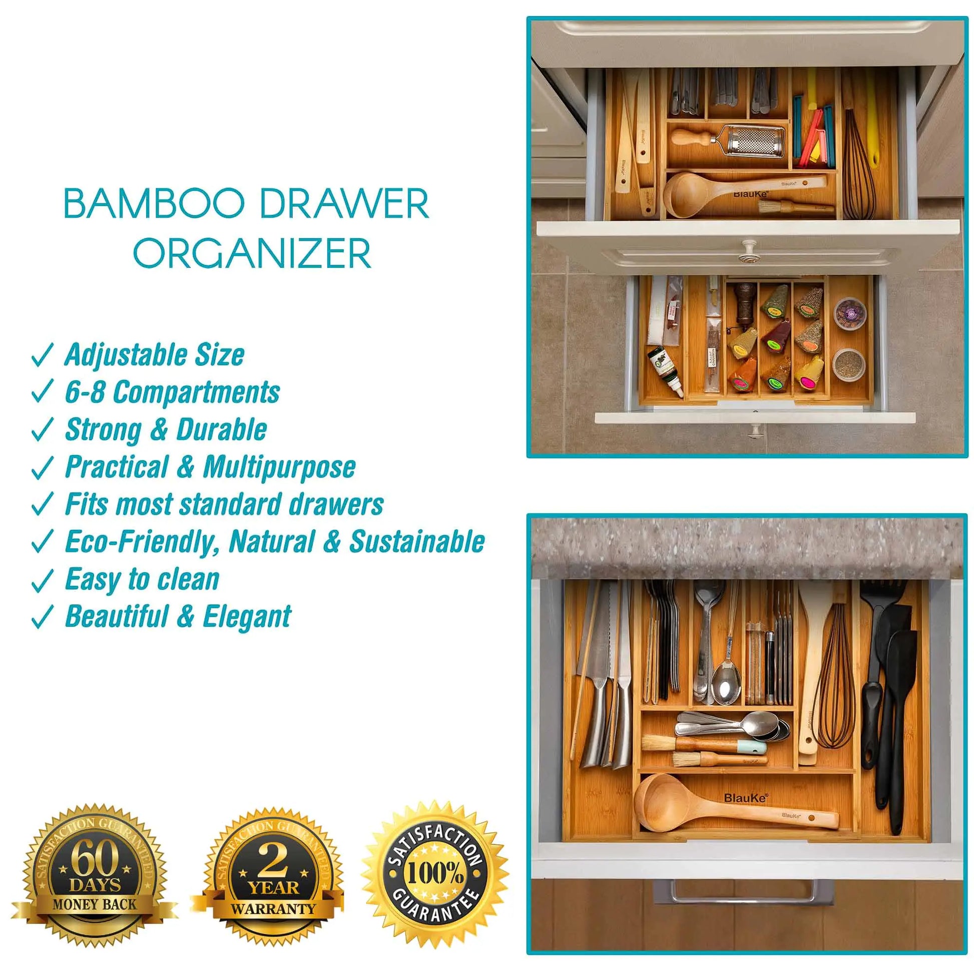 Expandable bamboo drawer organizer with adjustable size and multiple compartments for kitchen utensils