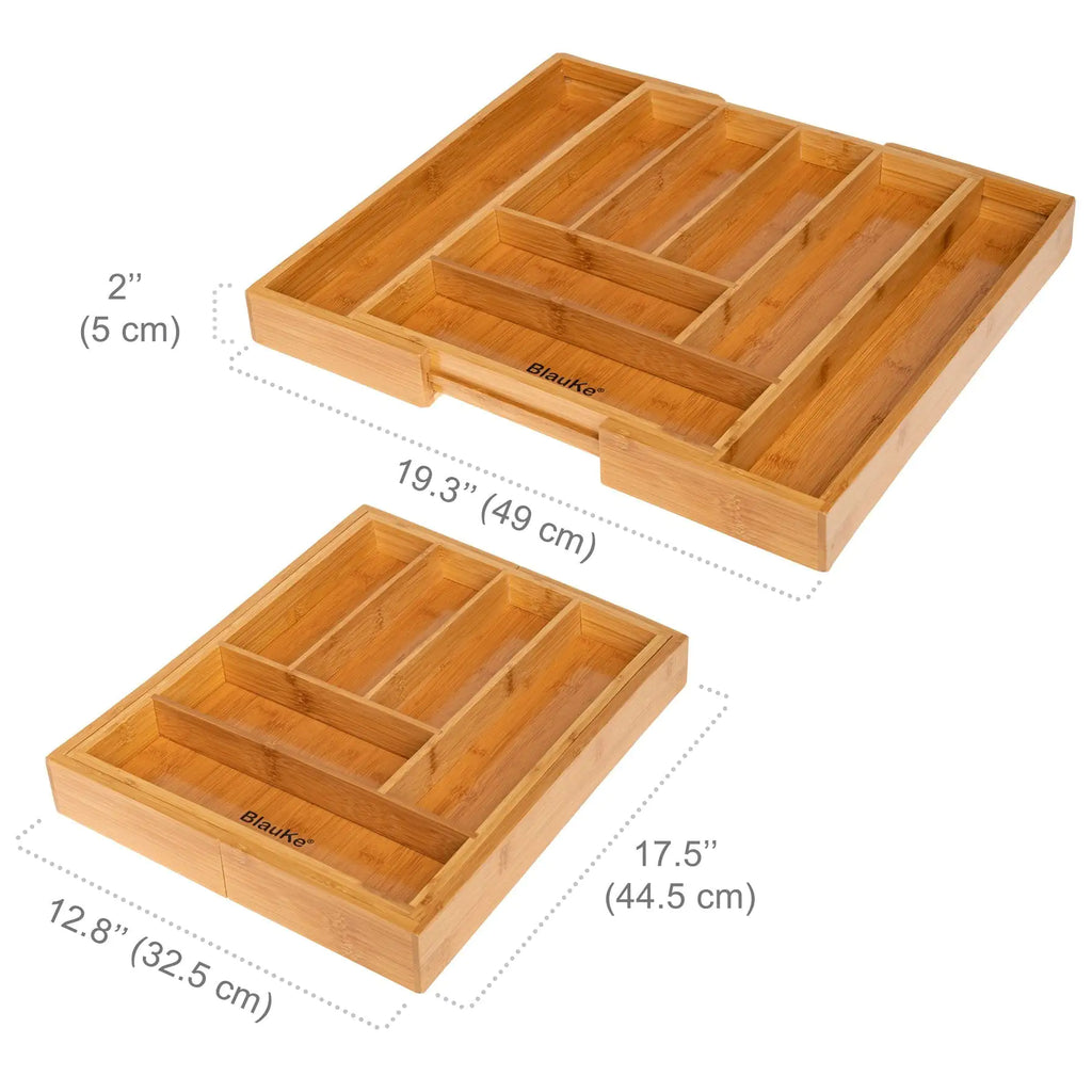 Expandable bamboo drawer organizer with adjustable compartments for kitchen or office storage