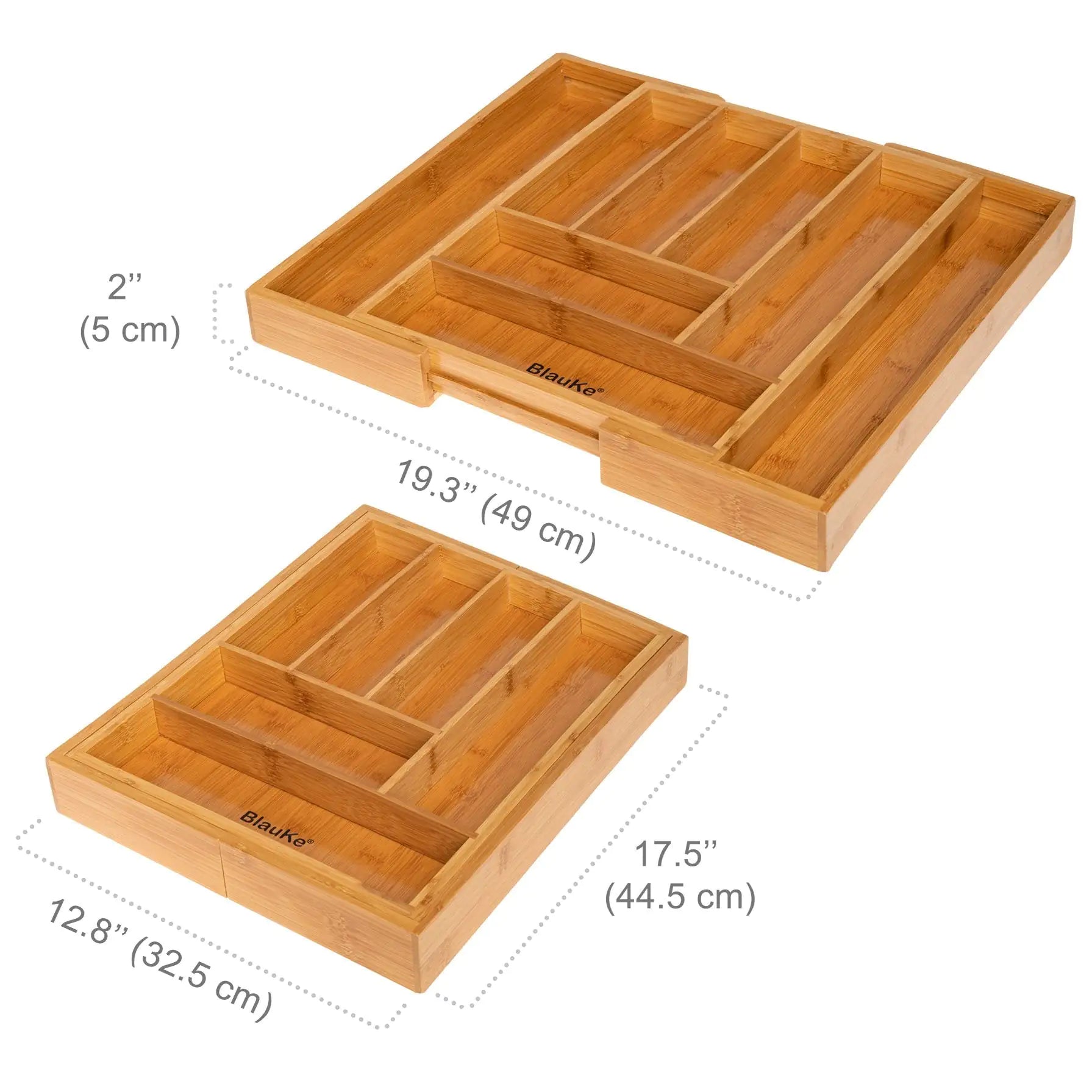 Expandable bamboo drawer organizer with adjustable compartments for kitchen or office storage