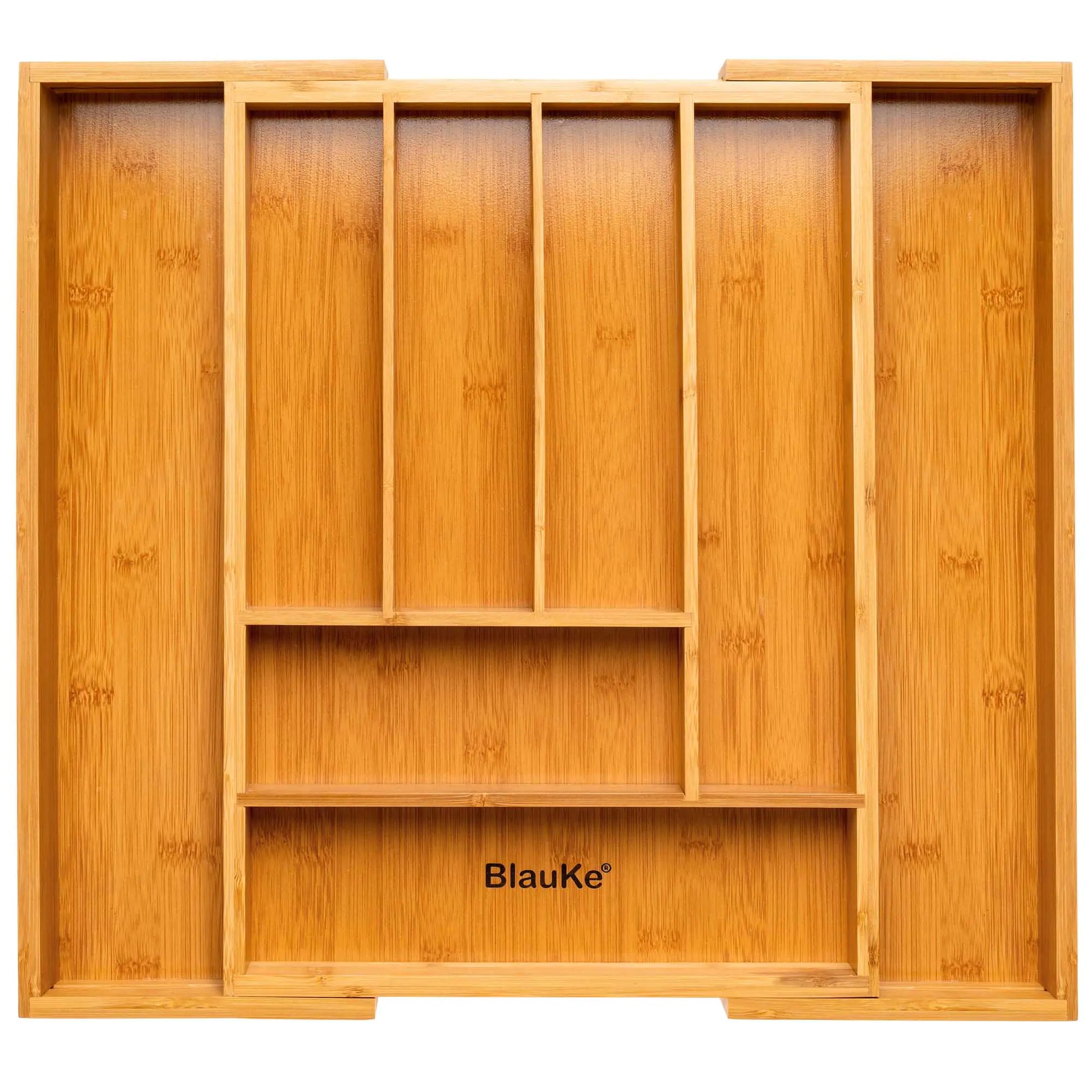 Expandable bamboo drawer organizer with multiple compartments for kitchen or office storage
