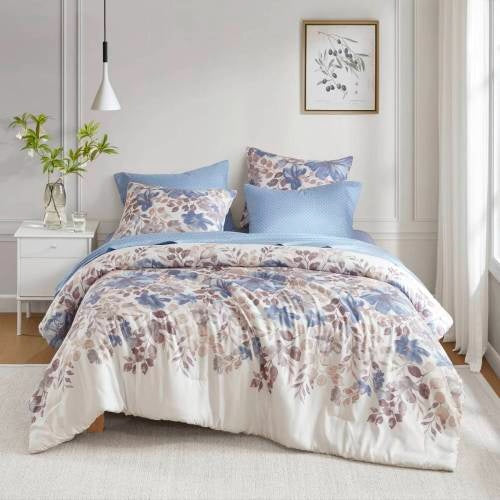 Shopi Vella blue floral comforter set queen on bed with matching pillows in modern bedroom
