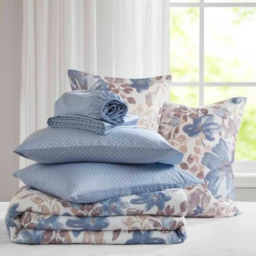Shopi Vella blue floral comforter set queen with matching pillows and sheets in a bright bedroom
