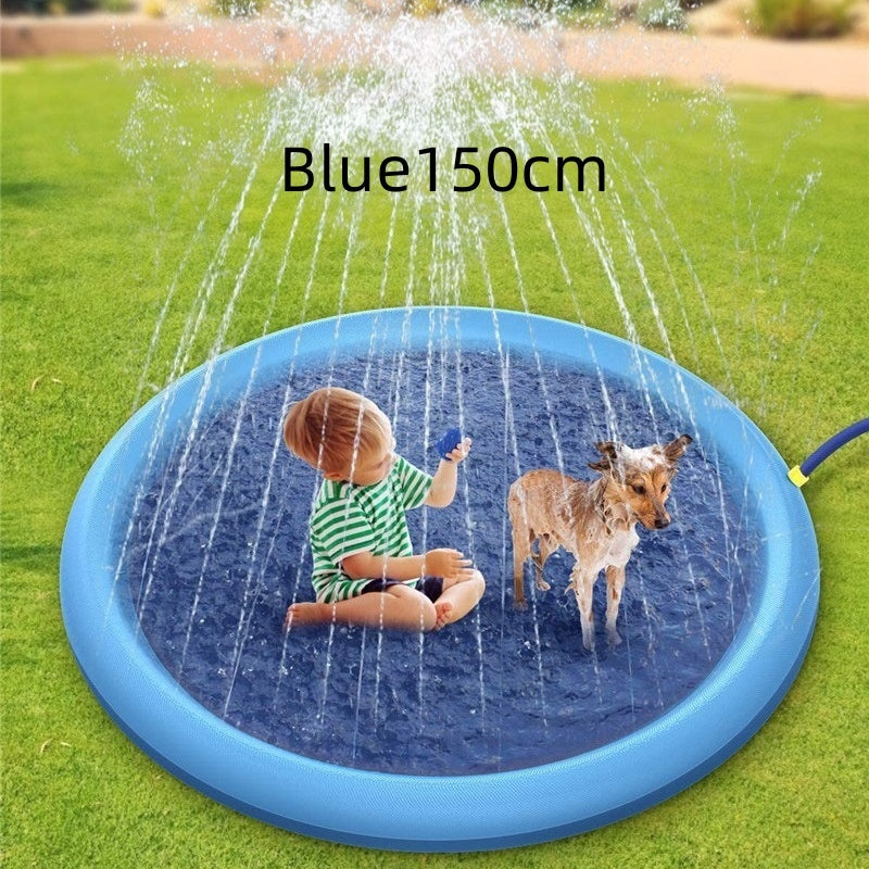 Blue non-slip splash pad for kids featuring a child and dog playing with water sprays outdoors