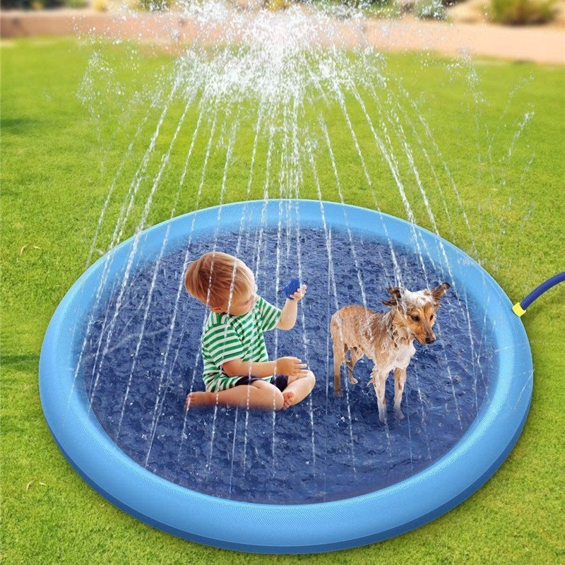 Non-slip splash pad for kids by Shopi Vella with water sprays keeping child and dog cool outdoors