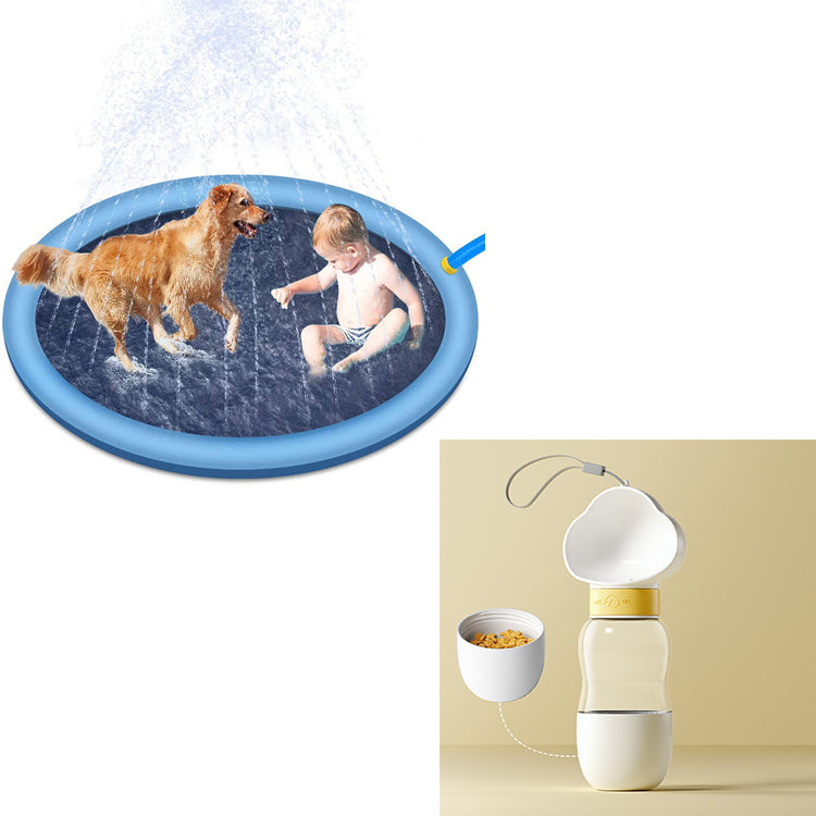 Blue non-slip splash pad for kids with a child and dog playing in water from Shopi Vella