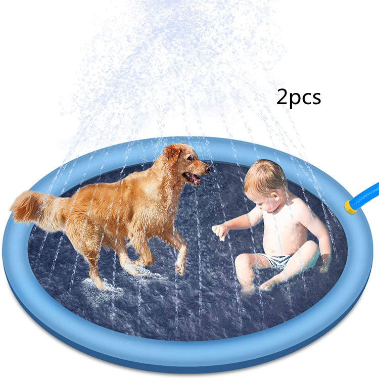 Shopi Vella non-slip splash pad for kids with water spray, featuring child and dog playing on blue pad