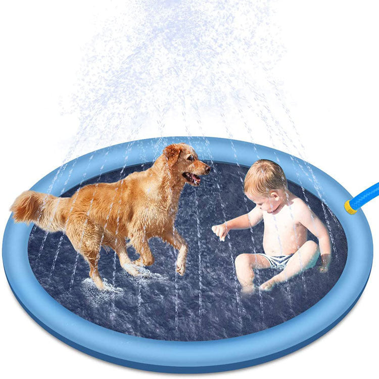 Non-slip splash pad for kids with a toddler and a dog playing together on a blue circular water mat